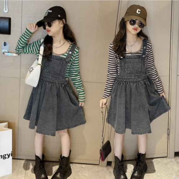 DR24-Dress Anak Remaja Besar Tanggung Overal 2in1 Perempuan Striped Jeans