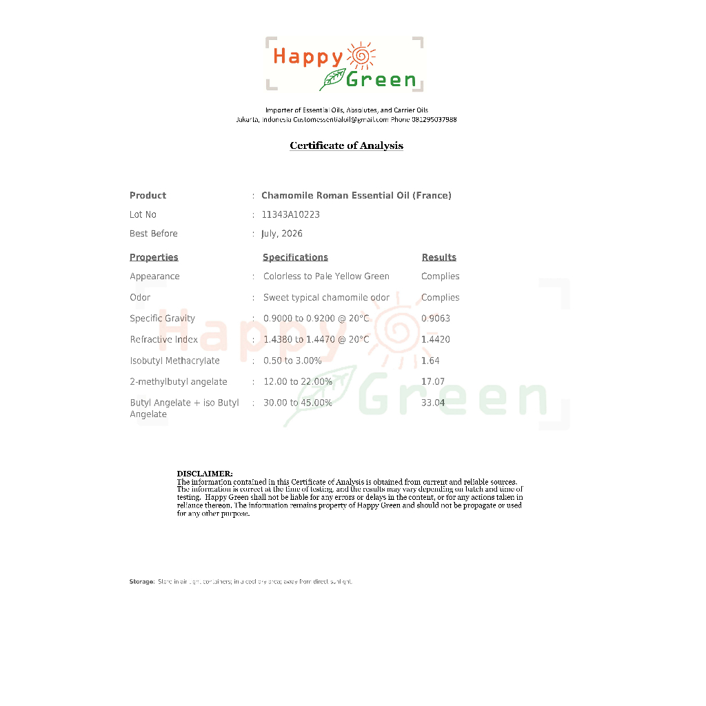 Happy Green Roman Chamomile Essential Oil - Minyak Bunga Kamomile Anthemis nobilis 100% Murni Grade A