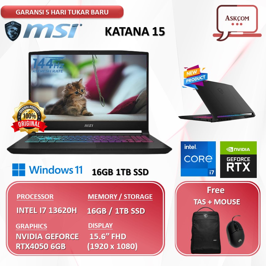 Laptop Gaming MSI Katana 15 RTX4050 6GB/ I7 13620H 16GB 1TBSSD W11 15.6FHD IPS 144HZ 4ZONE RGB B13VEK.1002