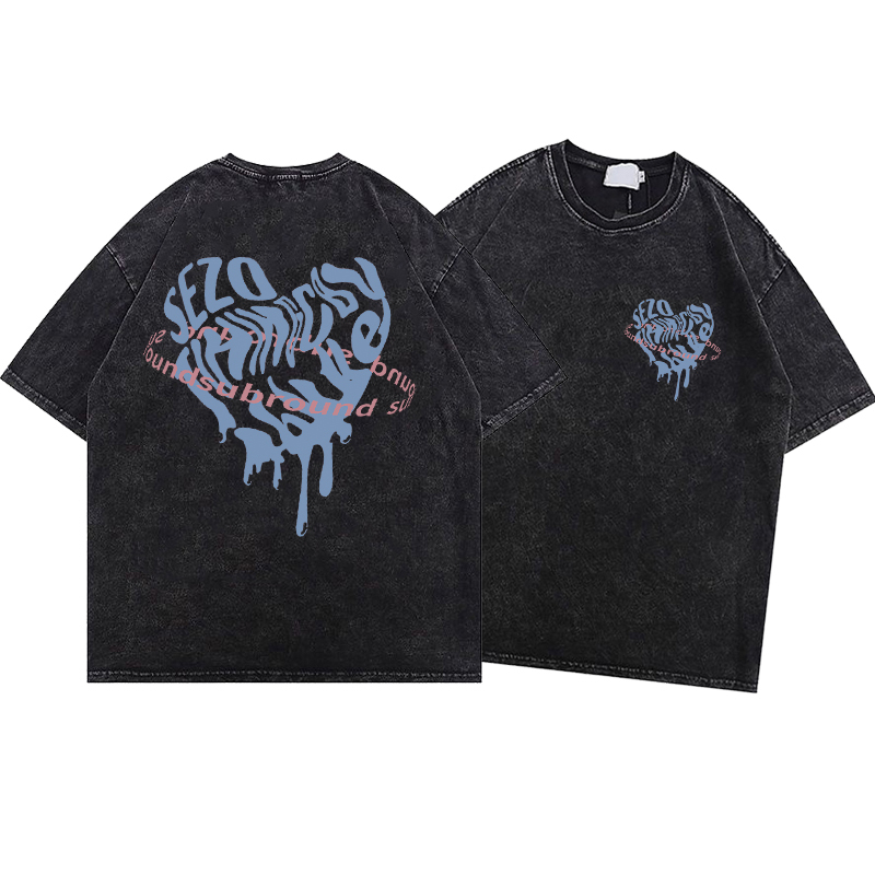 RDGF T-Shirt fashion heart graffiti oversize washed kaos wanita Hitam Kaos pasangan t shirt unisex/A0518