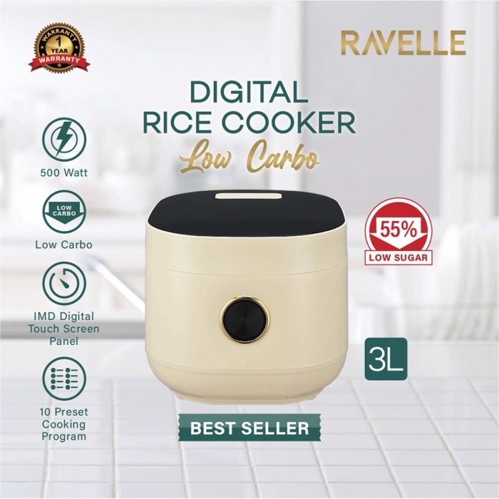 RAVELLE Digital Rice Cooker Low Carbo 3 Liter Penanak Nasi Rendah Gula BERGARANSI RESMI