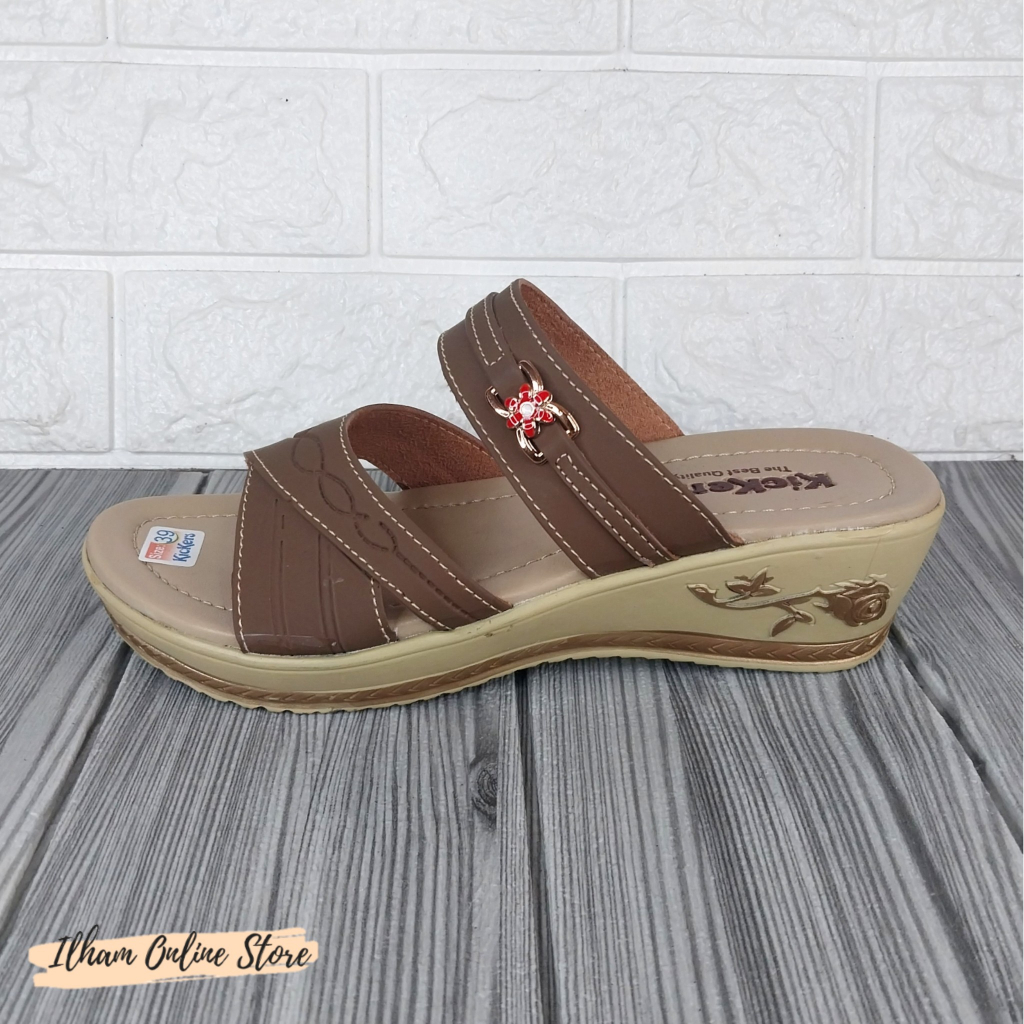 Kickers FM02 Sandal Wanita Selop Wedges 2 Band Hak 5cm Size 37-40