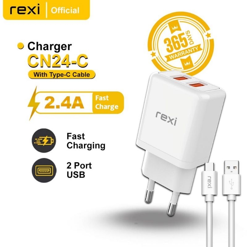 Rexi CN24 2.4A Fast Charger 2 Port USB  with Micro USB / Type-C / Lightning Cable