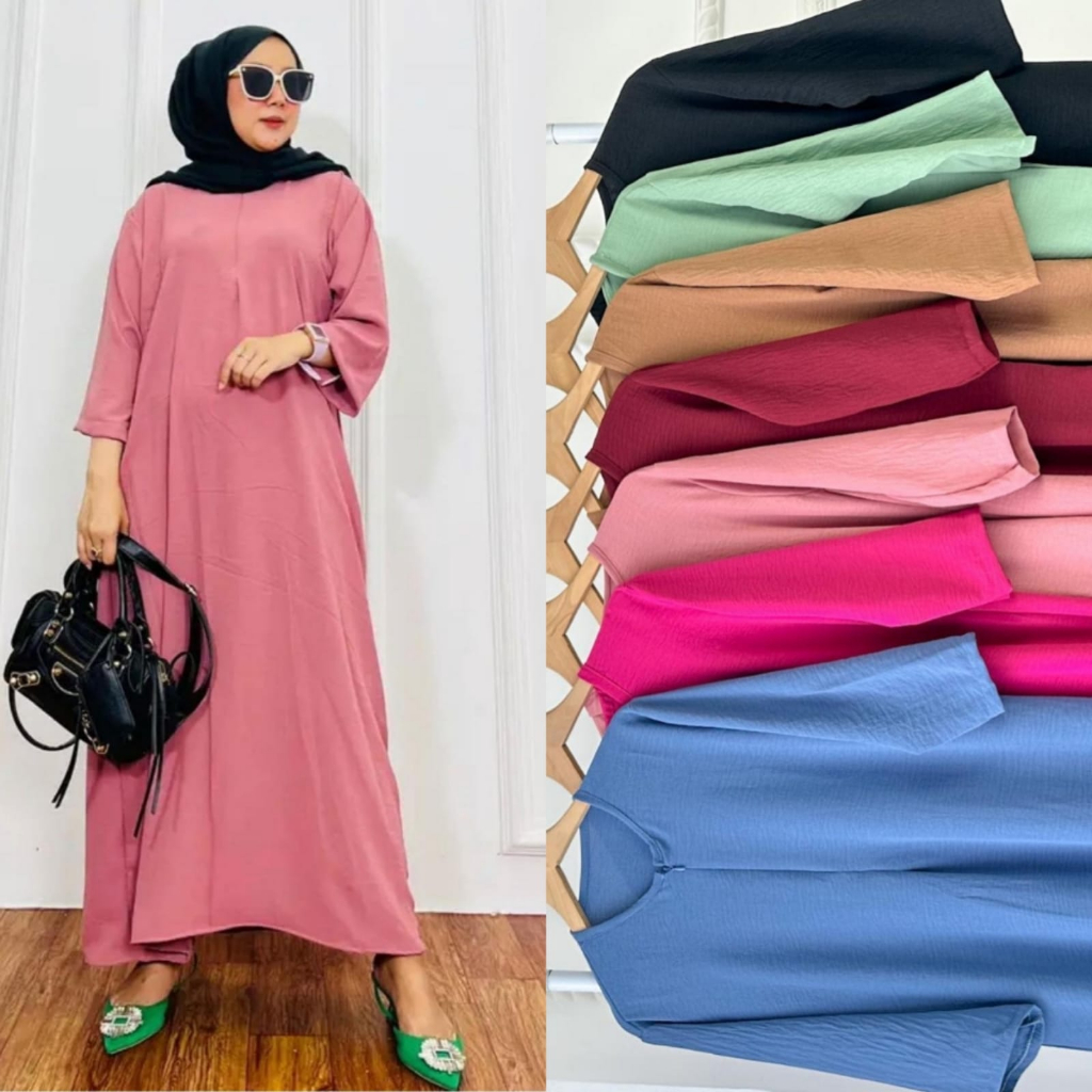 Nora Long Dress  Lengan 7/8 Crinkle Airflow Gamis Polos Terbaru Midi Dress Kekinian