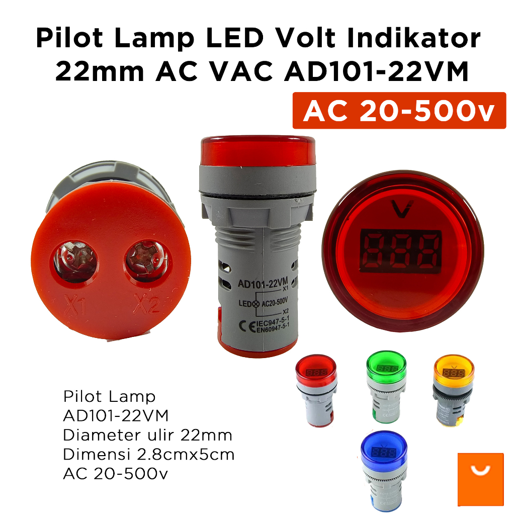 Pilot Lamp LED Volt Indikator 22mm AC Lampu Indikator 22 mm VAC AD101-22VM