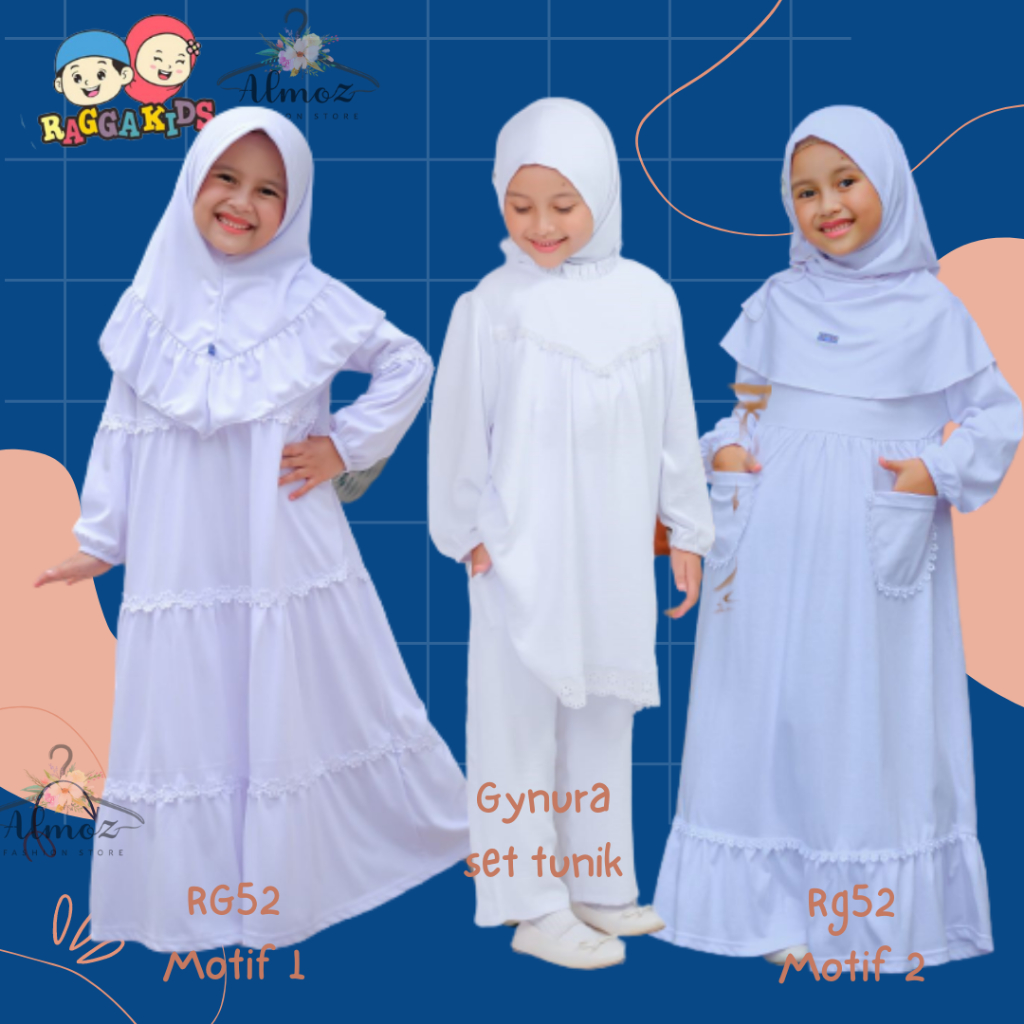 Raggakids Gamis putih Anak premium RG52 bahan adem 1-13 tahun | Setelan koko anak putih dan celana free peci