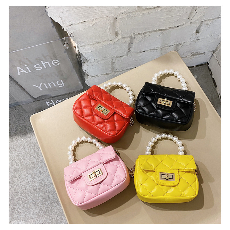 Tas Handbag Anak Import Gagang Mutiara Model Korea Rantai Selempang Samping Kids Trendy Mini Bag