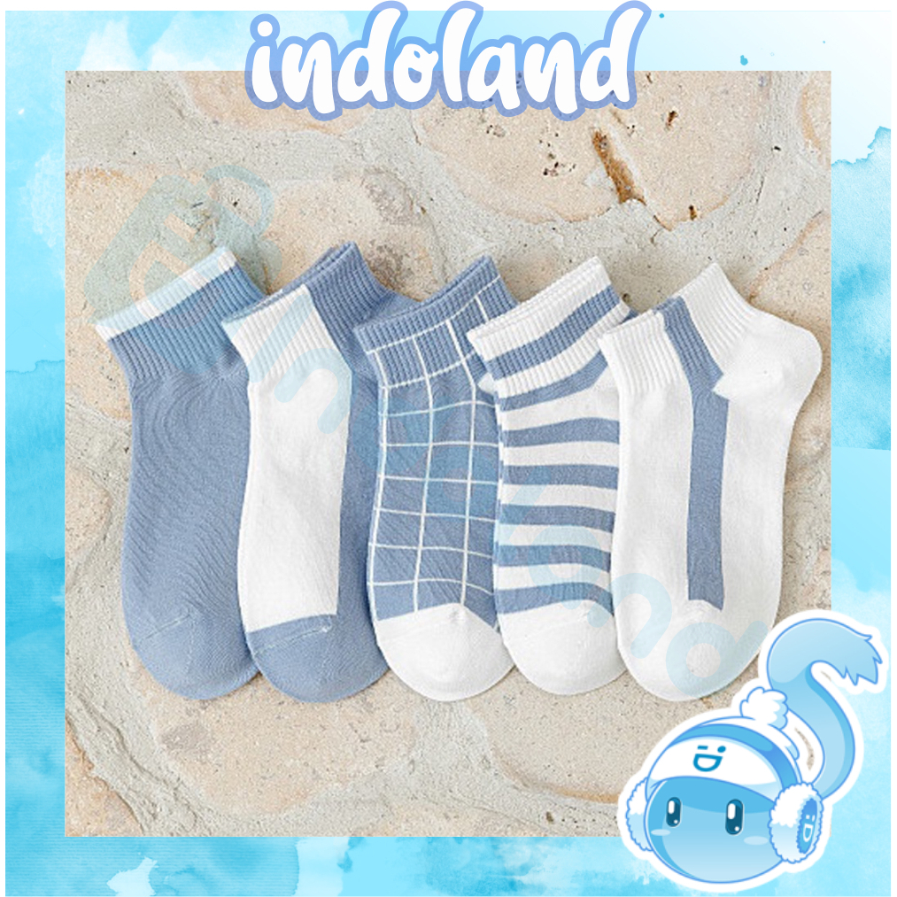 ☀ INDOLAND ☀  Kaos Kaki Pendek Motif Belang BIru Putih / Kaos Kaki Laki-Laki Perempuan / Angkle Socks Import KK131