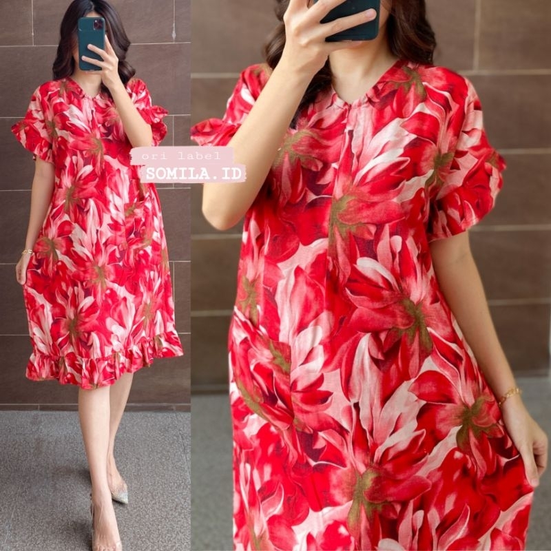 NEW MIDI DRESS RUFFLE BOHEMIA. BUSUI LENGAN PENDEK SETALI. RAYON SUPER BANDUNG. FLORAL