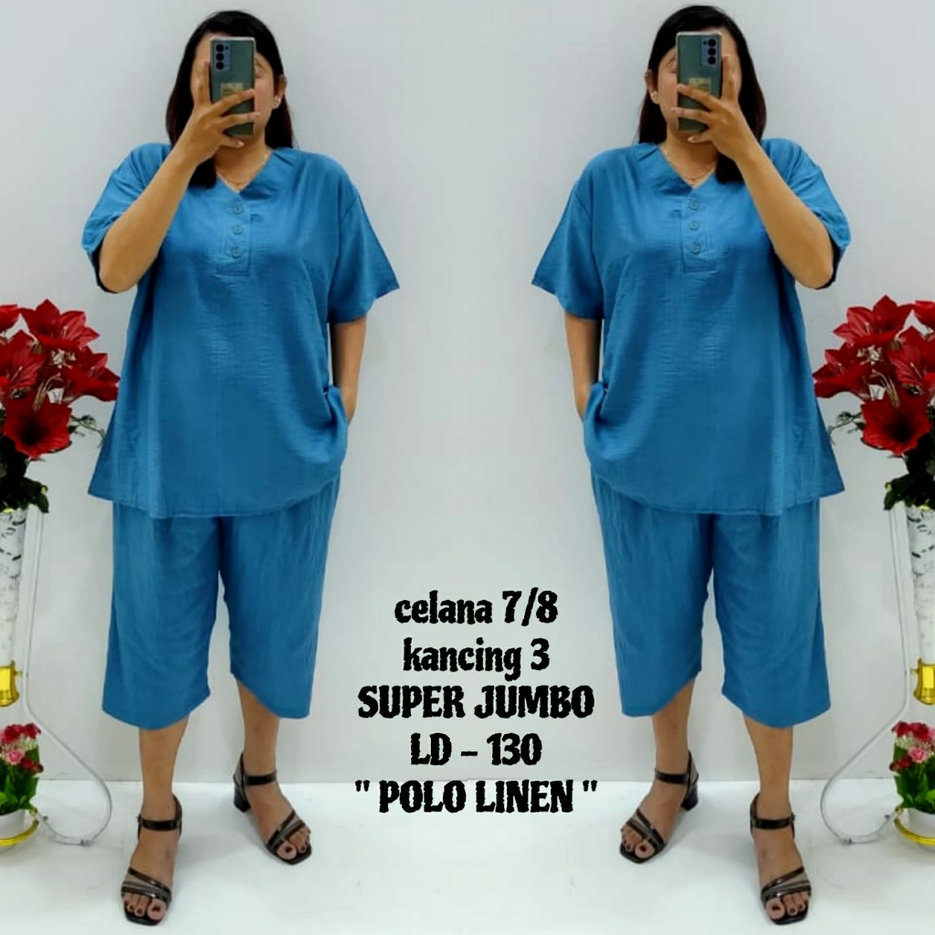 CNC - Stelan Viral Wanita Dewasa Terbaru/Stelan Celana 7/8 5XL Polo Linen Model V Dan 018 Polos