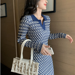 【Elegant】V-Neck Long Sleeve Geometric Patterns Knee-Length Elegant Knitted Dress 2148