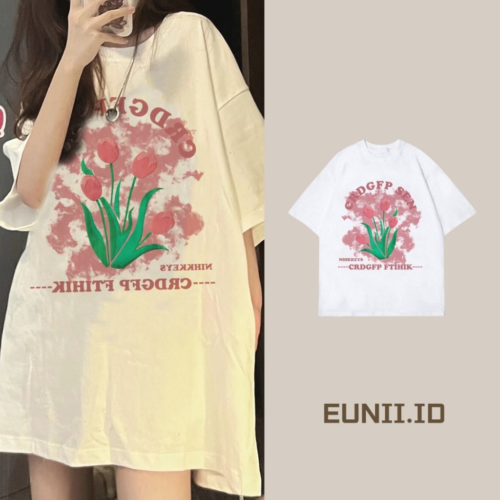 EUNII T-shirt Lengan Pendek Cartoon Pink Tulip Korean Style/Kaos Atasan Wanita/Baju Kaus Oversize Wanita/Kaos Wanita