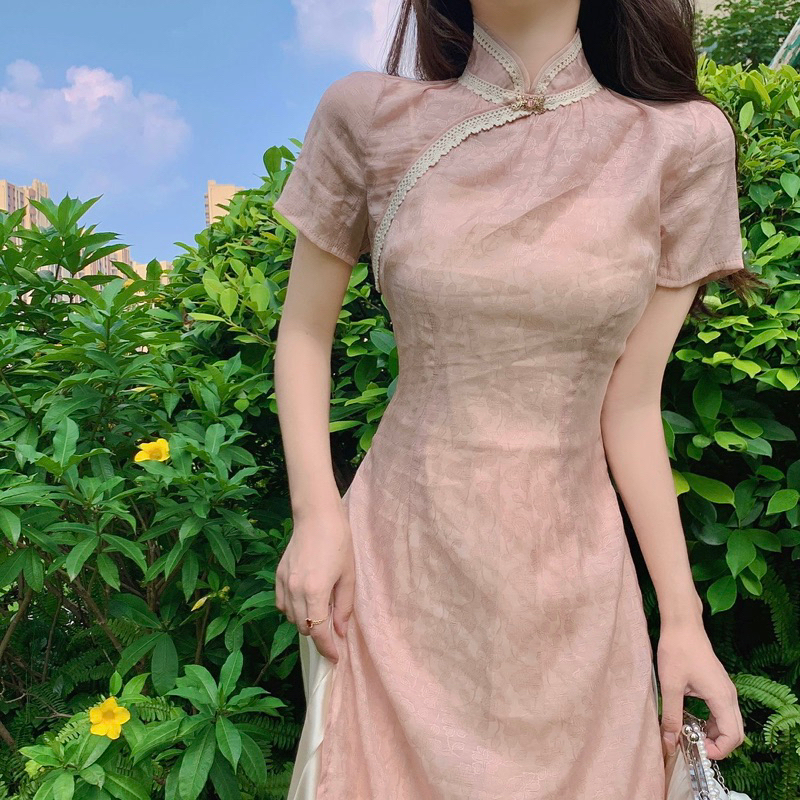 Dress Cheongsam Pink Feminim Beauty Girl M494