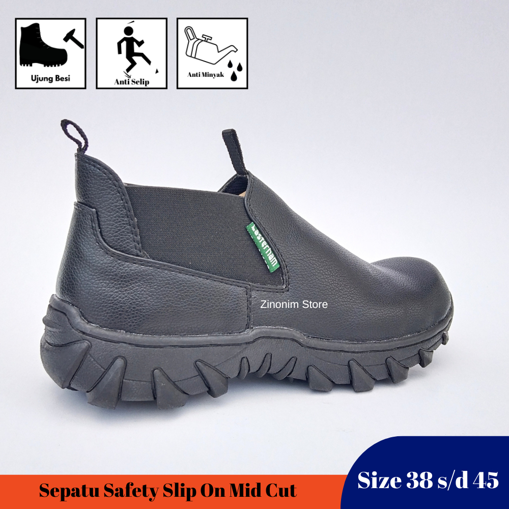 Sepatu Sefty Pria Ujung Besi Slip On Mid Cut Tanpa Tali Hitam Kerja Ukuran 38 39 40 41 42 43 44 45 Zinonim Store