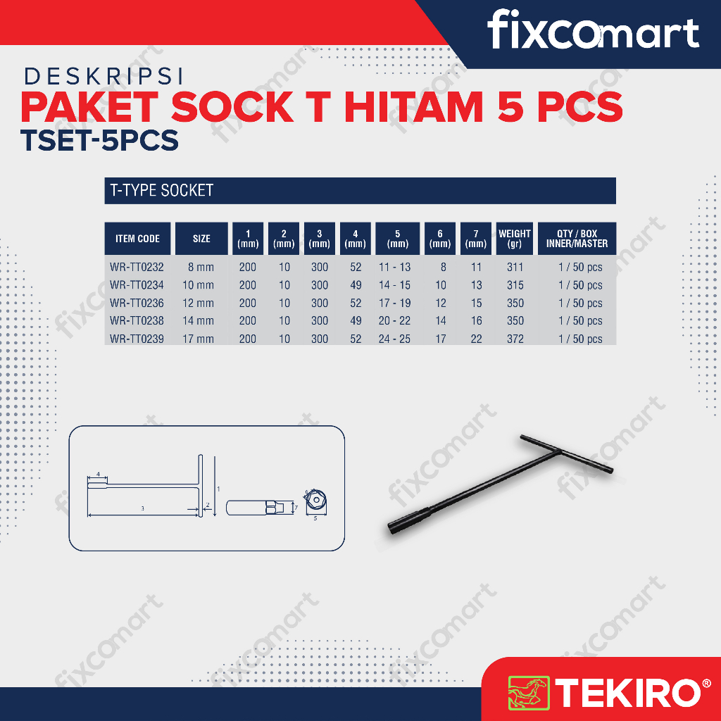 Tekiro Paket Kunci Sock T Hitam (8-10-12-14-17 Mm) / Tekiro Kunci T Set 5 Pcs