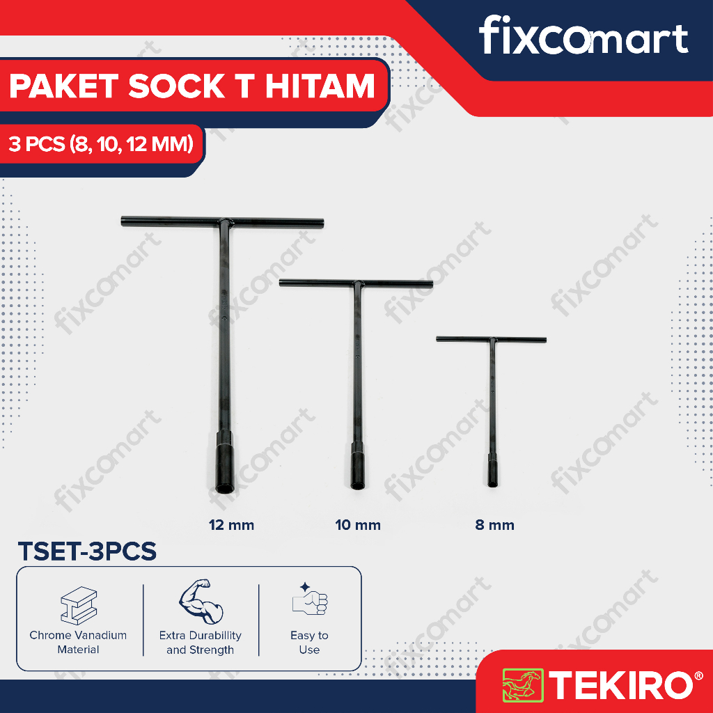 TEKIRO Fixcomart - Tekiro Paket Kunci Sock T Hitam (8-10-12 Mm) / Tekiro Kunci T Set 3 Pcs