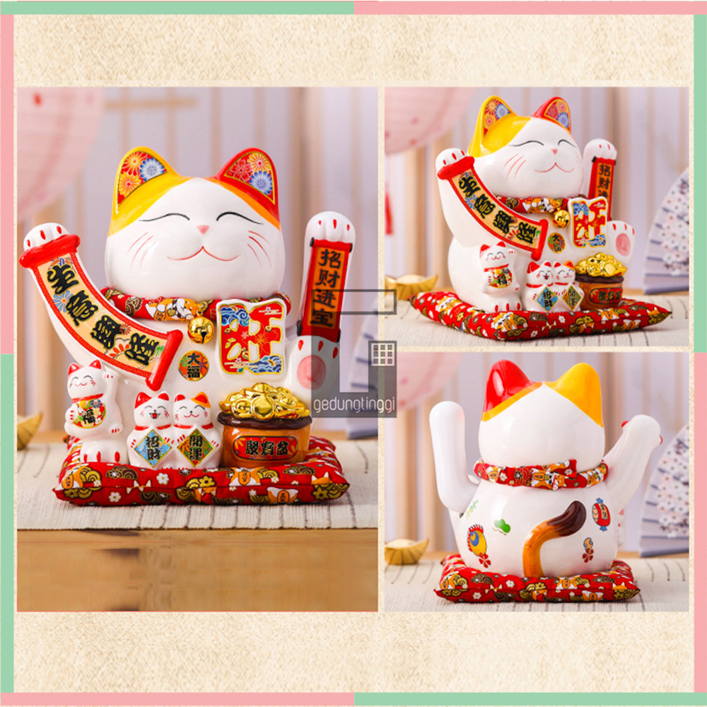 Patung Pajangan Hiasan Boneka Dekorasi Kucing Bawa Panggil Rejeki Rezeki Hoki Maneki Neko Maneko Neki ManekiNeko Lucky Cat Keberuntungan Keramik Baterai Batrai Batre Listrik Tangan Goyang Gerak Meja Etalase Toko Resto Cafe Cina China Jepang Putih XL Besar