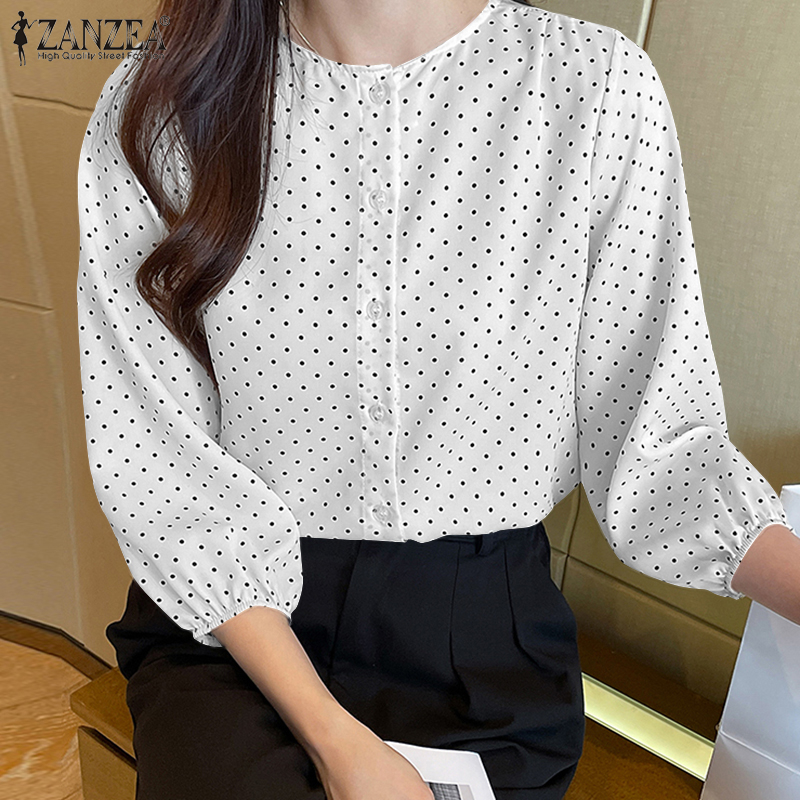 ZANZEA Women Korean Daily O-Neck Wavelet Dot 3/4 Sleeve Cuff Blouse