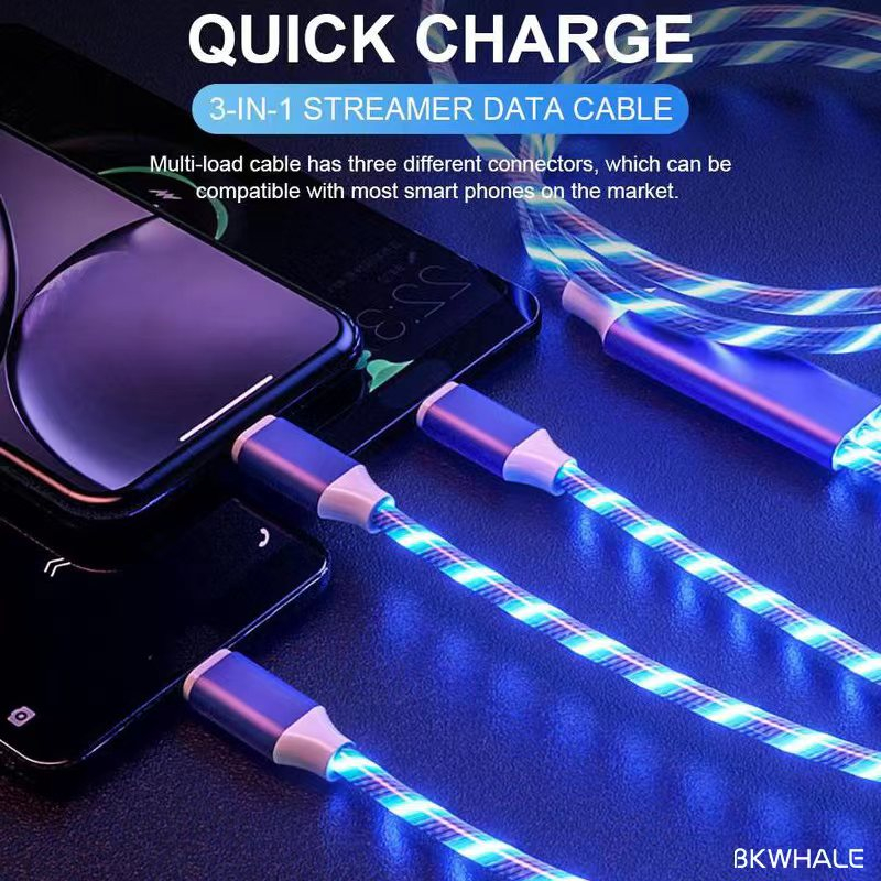 VICLOOK COD 3 in 1 LED Luminous Glow Mengalir Cepat Kabel USB Data Line Micro ISO Type-C Quick Charger