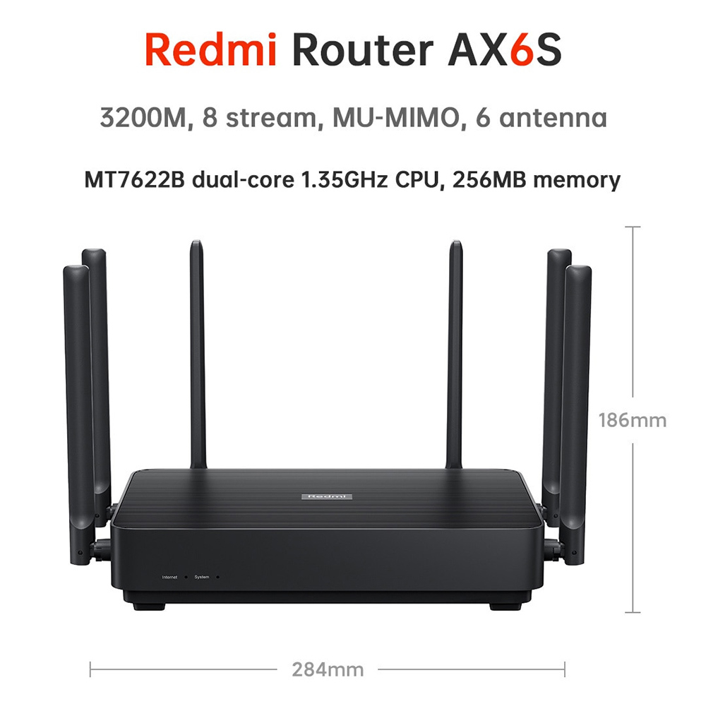 Redmi AX6S Router WiFi 6 Gigabit Dual Band 2.4/5.0GHz 6 Antena - RB03 - Black