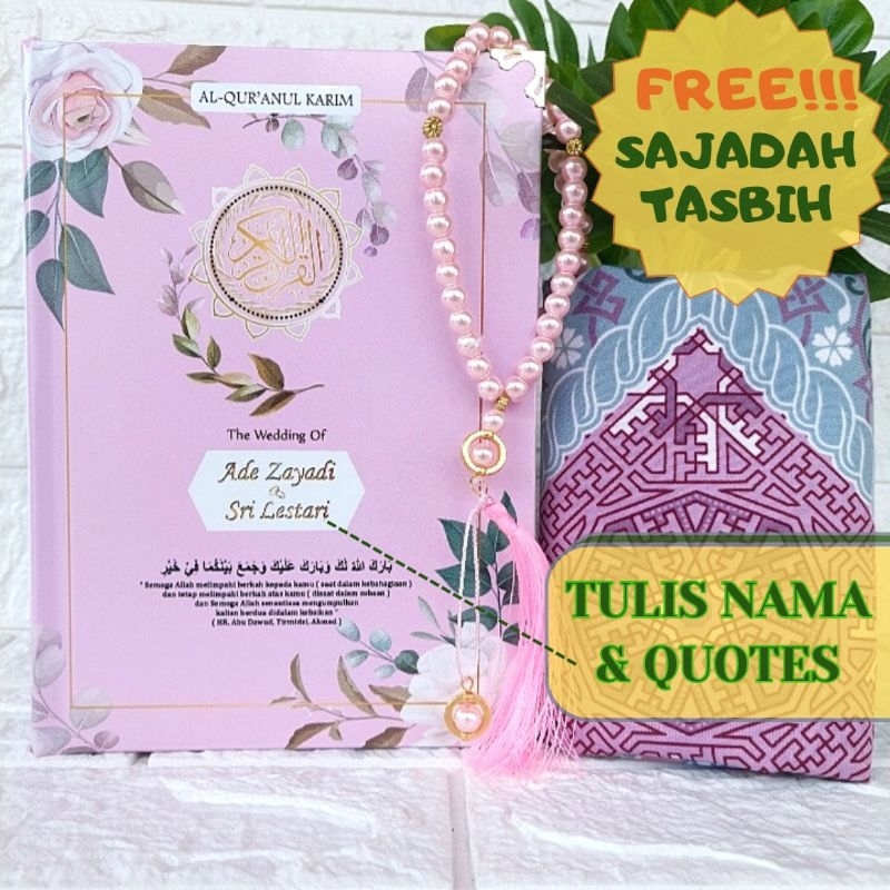 sajadah alquran dan tasbih seserahan alquran pink hampers qur'an custom nama motif 18 pink bonus