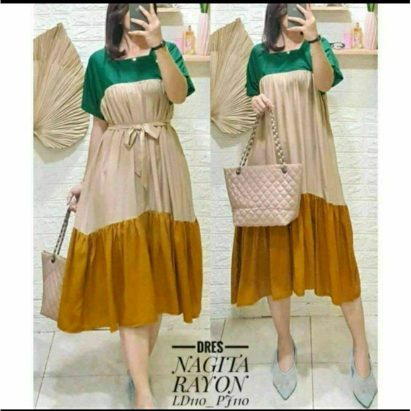 Midi Dress Wanita Dewasa Kekinian Terbaru Busui Lengan Pendek Polos