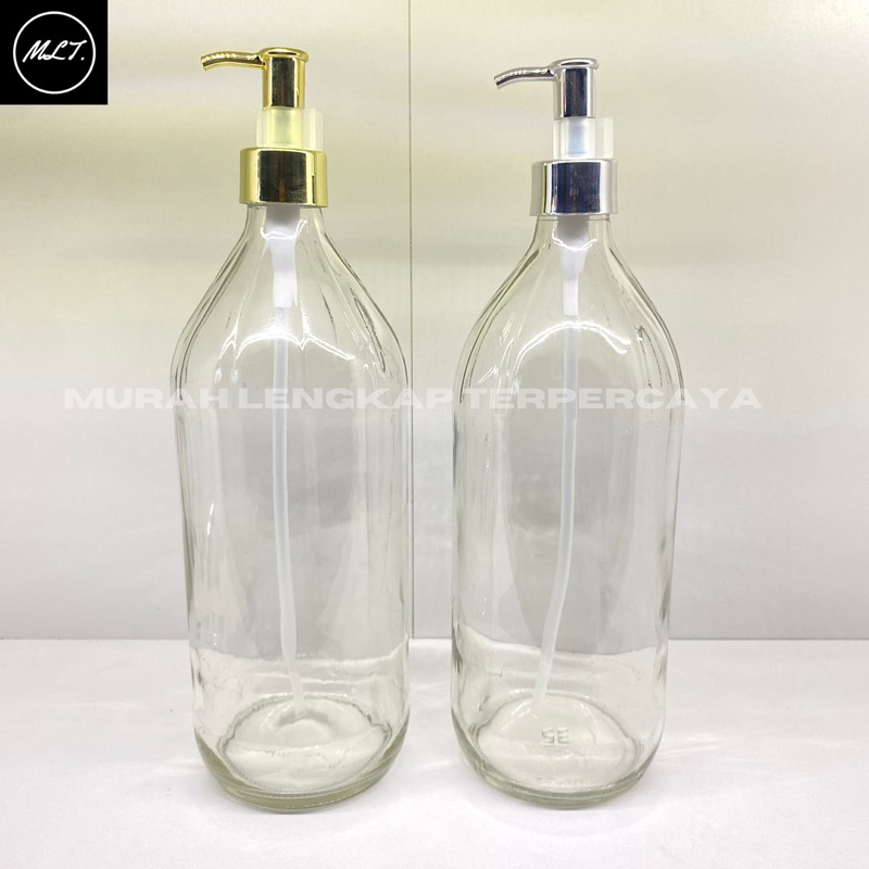 BOTOL PUMP 1000ML KACA 1LITER LOTION CLIP OIL GOLD LOCK SILVER 1L 1 L