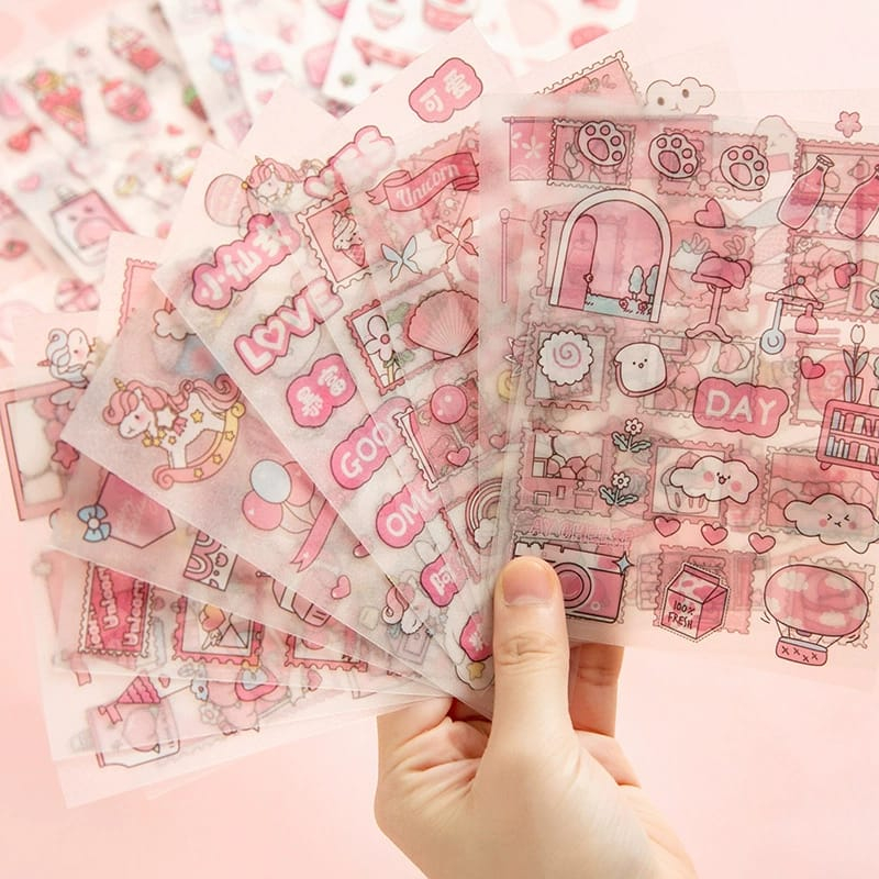 [ORGM] Sticker Dekor Cantik Sticker Jurnal Set Pink 1 set 4 Lembar Cantik Dasar Sand Glitter