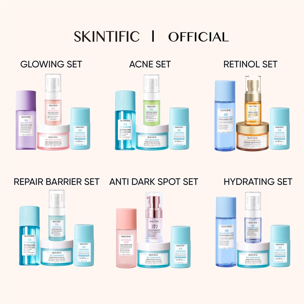 【4PCS Package】SKINTIFIC 4pcs with Sunscreen - Paket Skincare Moisture Gel + Serum Sunscreen + Exfoliating Toner / Soothing Toner + Brightening Serum / Anti Acne Serum / Barrier  Serum / Hydrating Serum