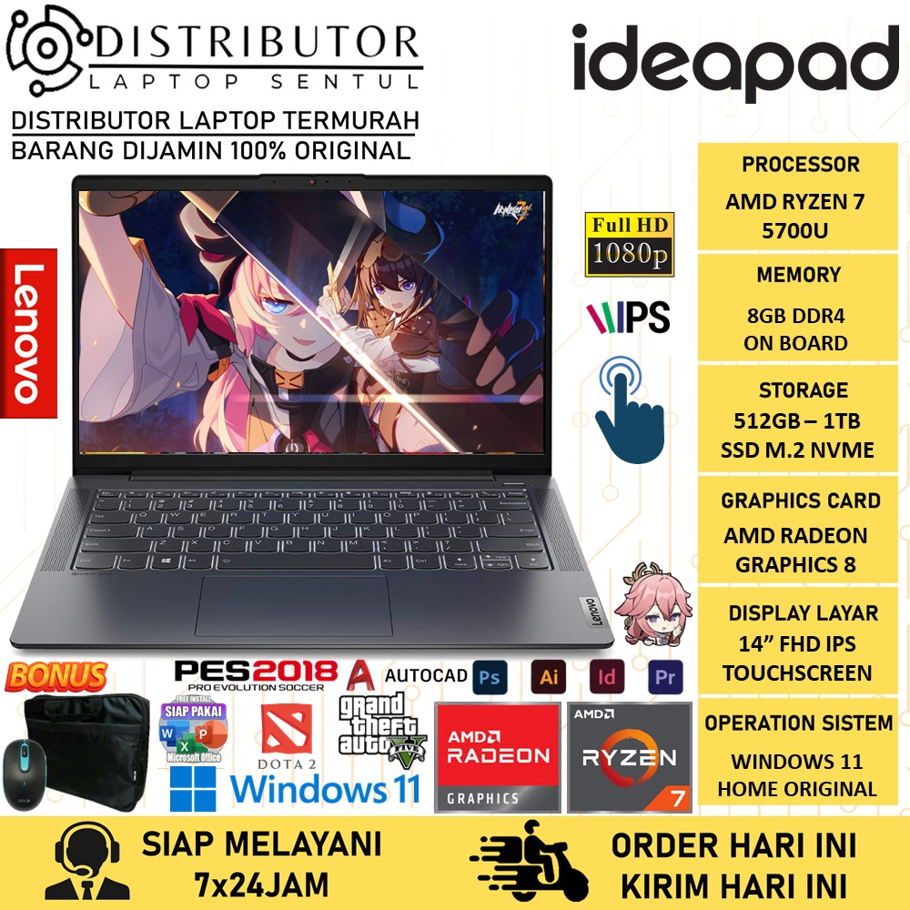 Laptop Murah Lenovo Ideapad Slim 5 14 AMD Ryzen 7 5700U 8GB 1TB SSD Radeon 8 FHD Touch Windows 11 Original