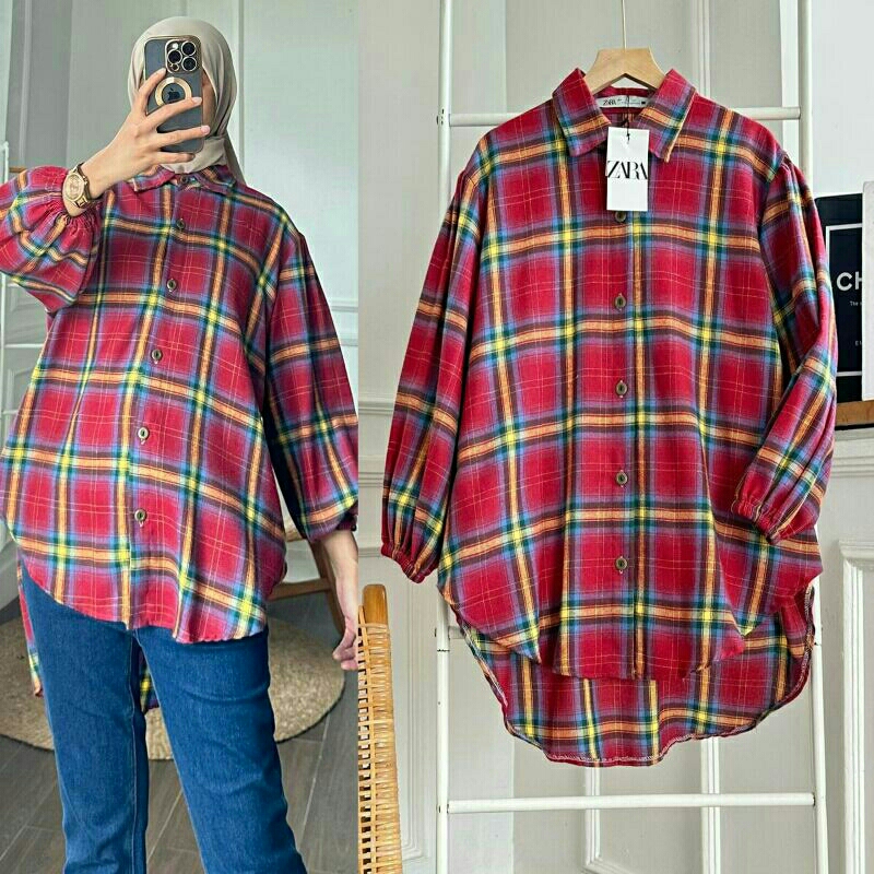 square Tunik wanita muslimah tunic bahan Flanel premium big size XXL LD120 jumbo motif kotak 2 murah