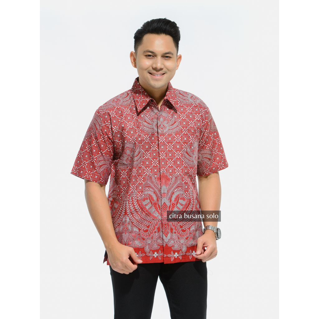 CAKAR PARI MERAH PENDEK Kemeja Batik Pria Full Furing Bahan Katun Primisima