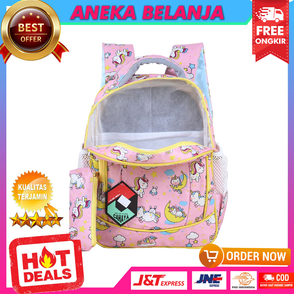 Tas Ransel Sekolah Anak Perempuan Motif Cahaya Pony Bulan Pink Terbaru Backpack Anak Cewek Impor TK SD SMP Bonus Raincover Dan Tempat Pensil Murah Tas Gendong Anak Ngaji LES Trendy Korean Style Bahan Tebal Kuat Berkualitas Tas Anak Fashionable Kekinian