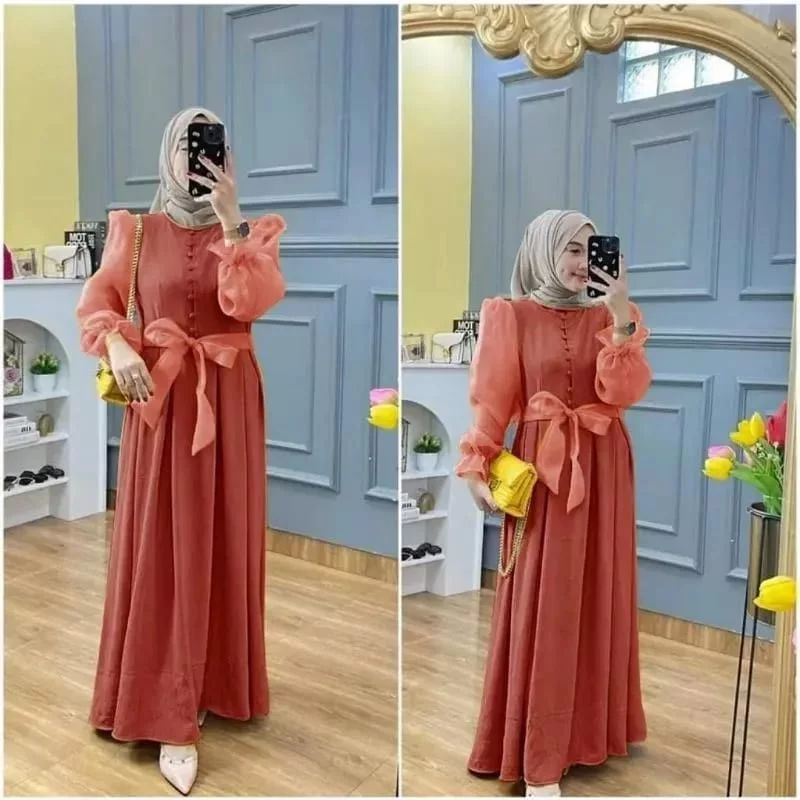 [ New ] Rania Dress / Gamis Muslim Wanita Matt Crinkle Mix Organza / Dress Wanita Kekinian / Murah / GOM