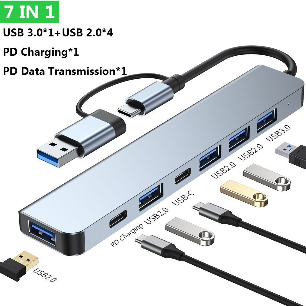 USB Hub Type C Adapter 7 in 1 USB 3.0 USB 2.0 PD 5W - GEN23 - Silver