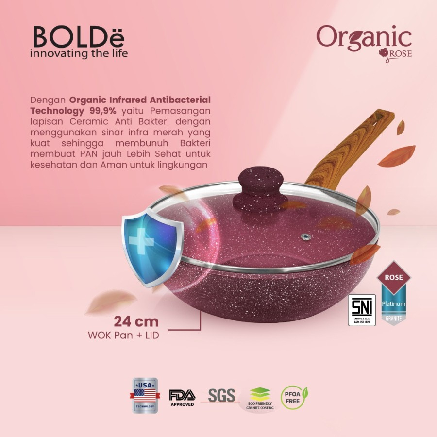 BOLDe ORGANIC ROSE WOK PAN 24 cm + GLASS LID - Wajan Anti Lengket SNI