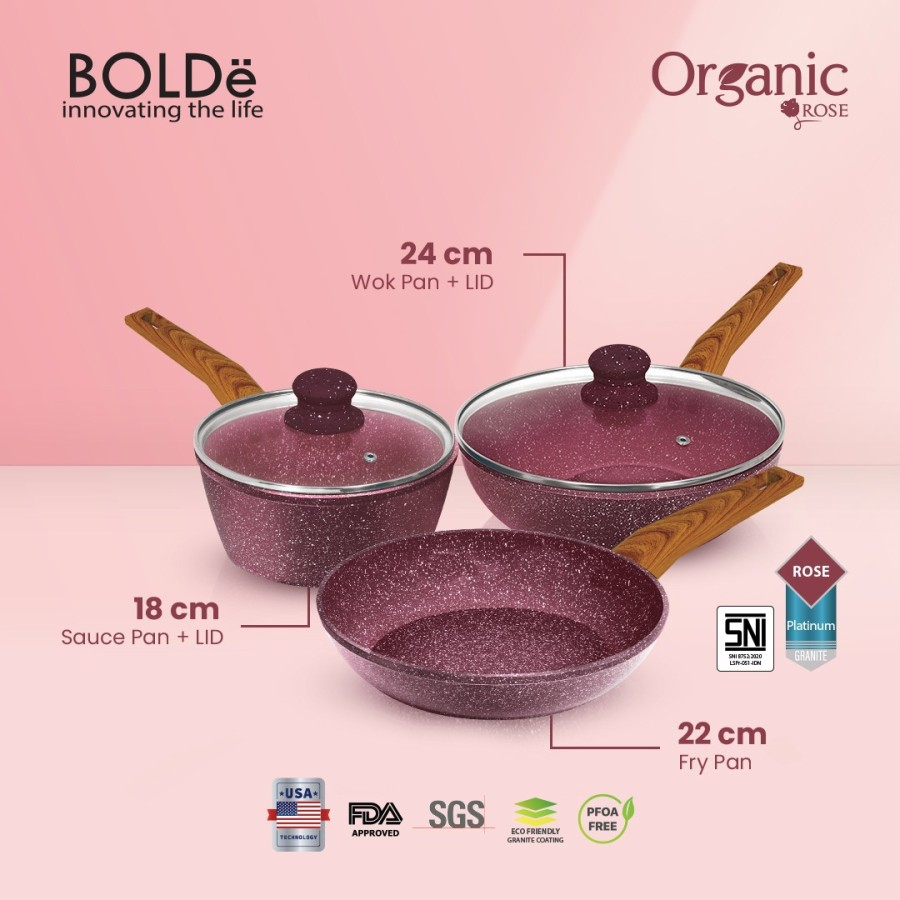 BOLDe ORGANIC ROSE COOKWARE SET 5 PCS - Panci Set Granite Coating Anti Lengket SNI