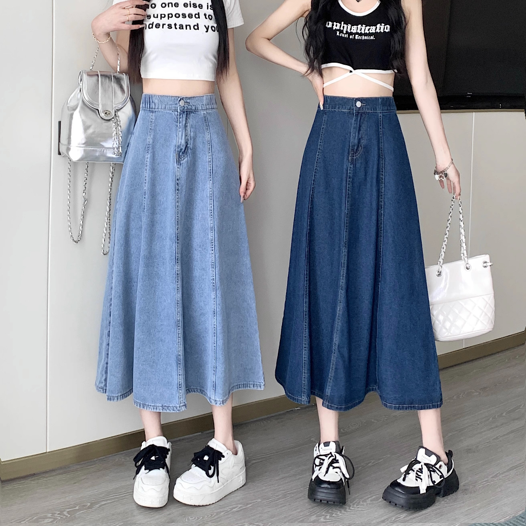 Rok korea style sepan rok Jeans Panjang Wanita Rok Jeans Stretch Span Denim Rok midi melar rok jumbo