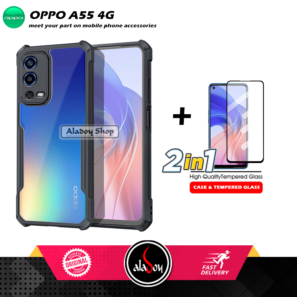 Case Oppo A55 4G Armor Shockproof Transparent Premium Casing + Tempered Glass Full Layar