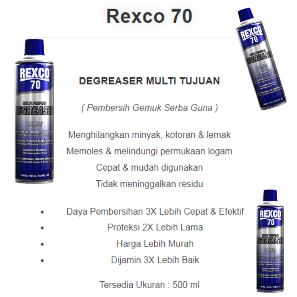 REXCO 70 500 ml Pembersih Kotoran Endapan Karbon Minyak DEGREASER MULTI TUJUAN Pembersih Gemuk Serba Guna Mesin dan Otomotif