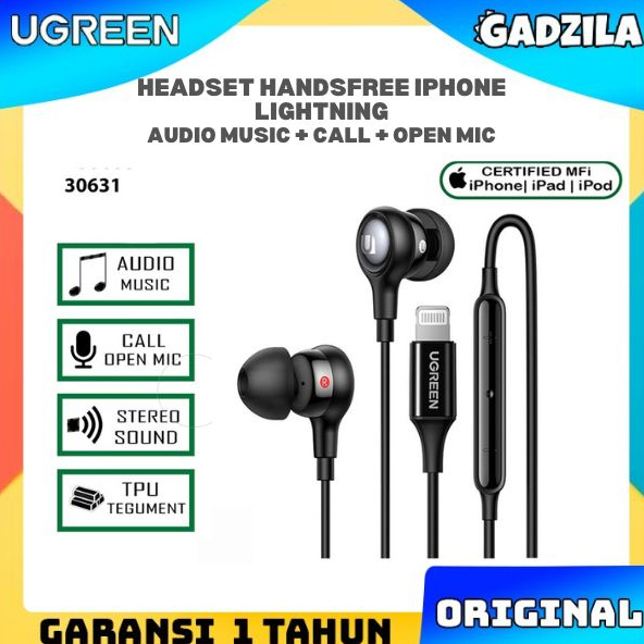 UGREEN Kabel Headset Earphone MFI Lightning Handsfree Headphone Audio Stereo Mic For iPhone Call + Music 30631