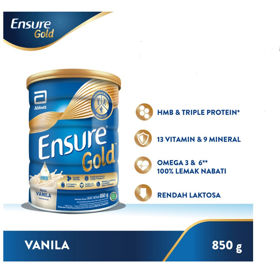 

Ensure Gold HMB Vanila&Cokelat 850 g - Susu Nutrisi Dewasa Rendah Laktosa