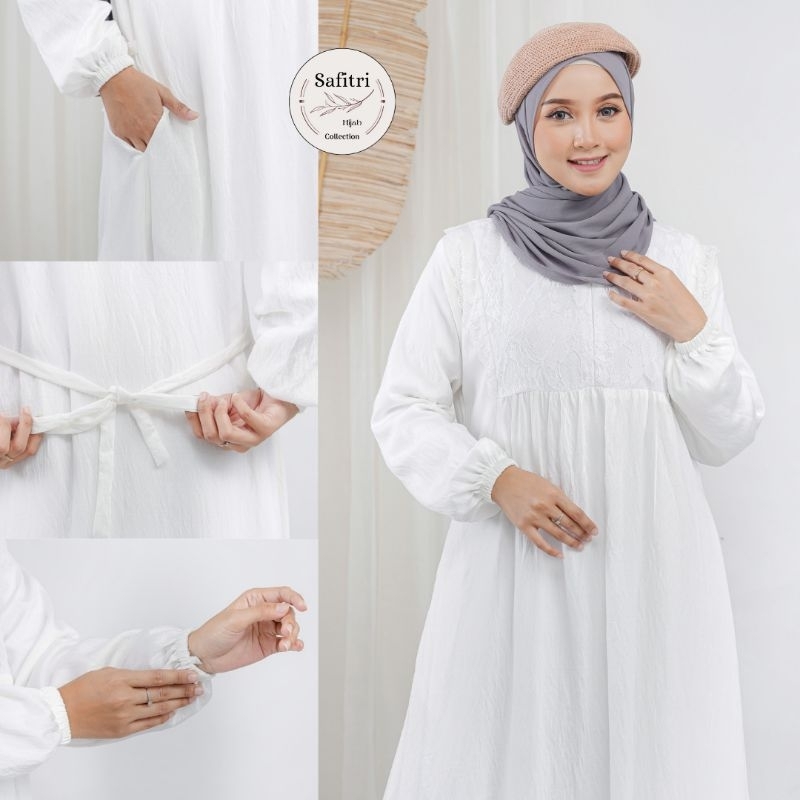 HAYFA DRESS bahan Polo Linen Putih Hitam Manasik Haji Umroh Thawaf aplikasi brokat dan renda by Safitri Fashion