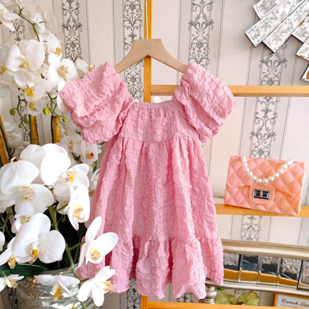 dress sabrina anak perempuan bahan wrinkle usia 3 tahun - 6 tahun