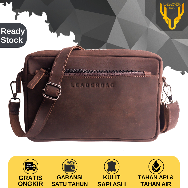 Tas Selempang Pria Kulit Sapi Asli Merk Leaderbag Terbaru Warna Coklat Atau Clutch Tas Tangan Cowok Keren Branded Waterproof LIBRA BB03