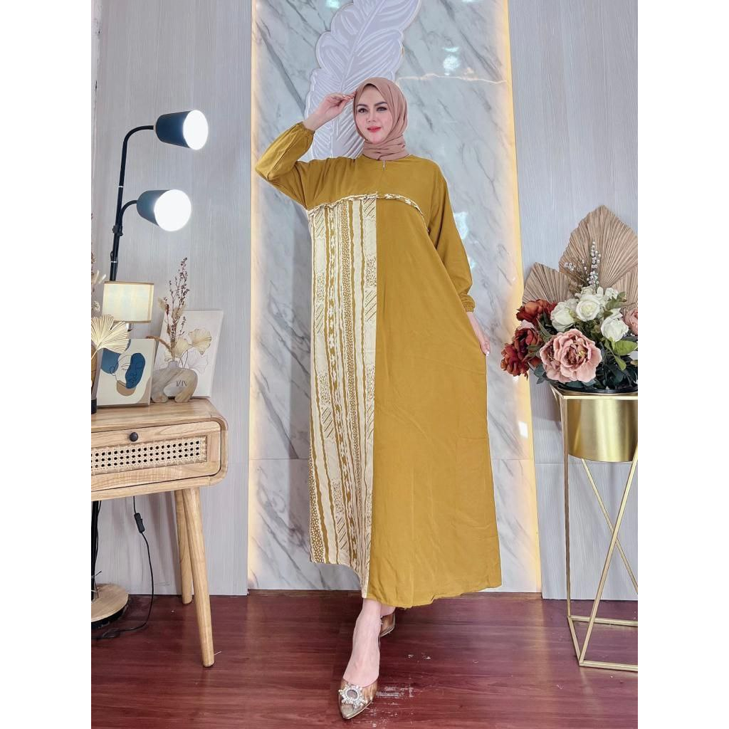 Gamis Rayon Ld 120 Terbaru Motif Viral Elegan Dan Trendy-Mustard Polos