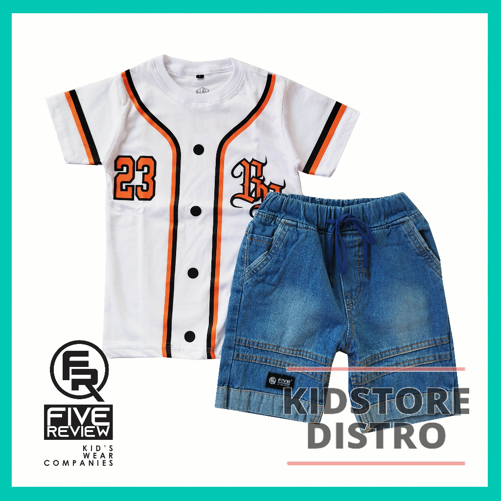 Setelan Anak Trendy Kaos Distro Motif Baseball dan Celana Pendek Jeans Chino Boxer