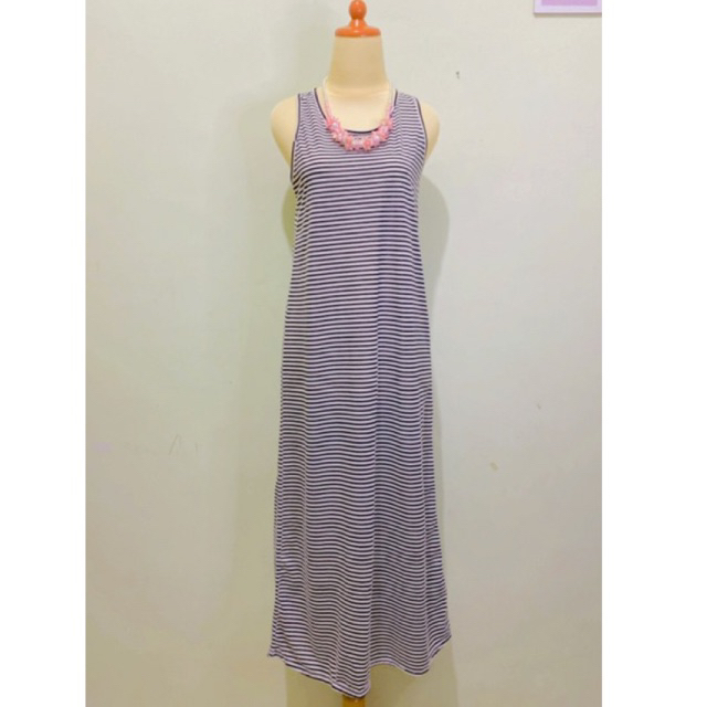 Dress Inner Dalaman Long Maxi Gamis Kaftan Polos kaos lengan kutung motif garis hitam putih - Long D