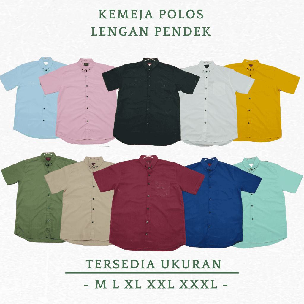 kemeja pria basic polos pendek slimfit jumbo casual warna hitam biru navy hijau army sage merah maroon marun abu muda