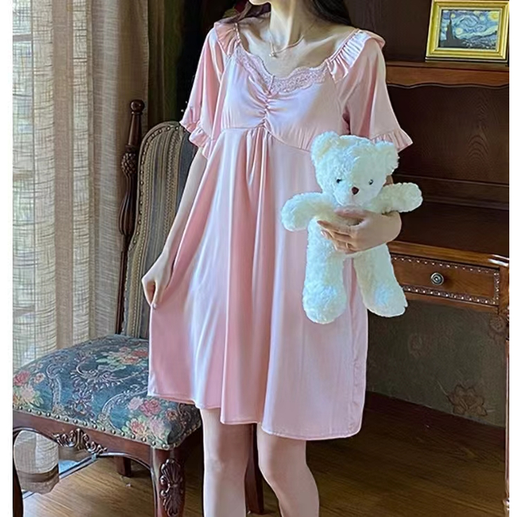 2023 Versi Korea Baru dari Piyama Lady Ice Sutra Tipis/Pendek -Lace Mid -Length Nightdress